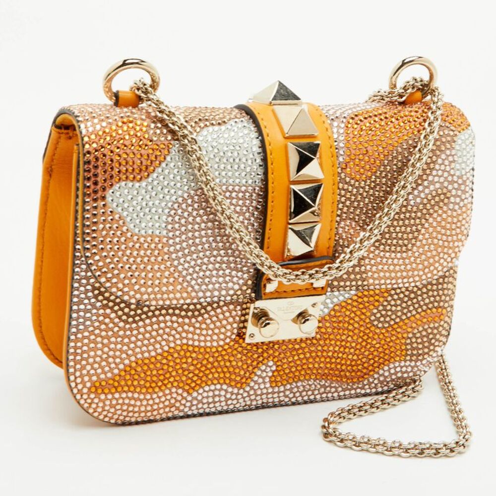 Valentino Glam Lock Mustard Crystal Embellished Leather Shoulder Bag - Picture 3 of 7